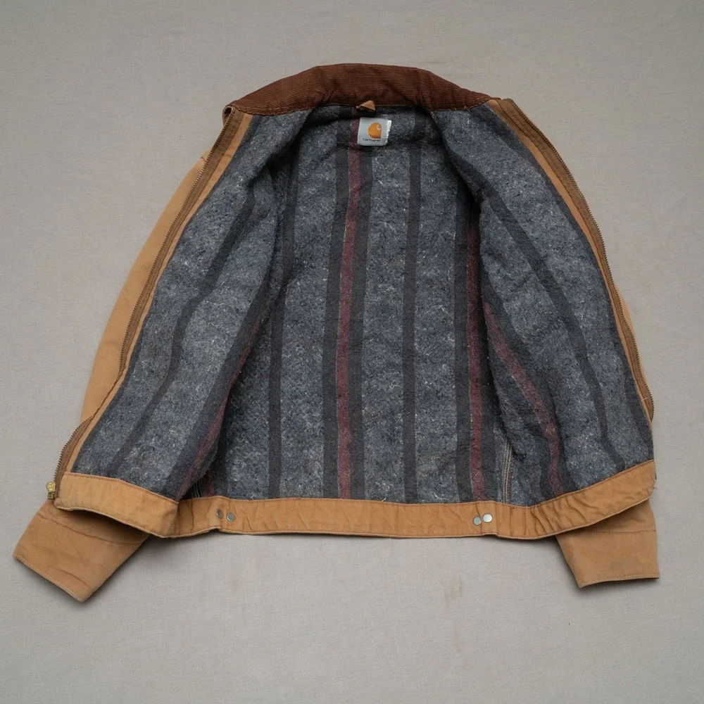 Vtg Carhartt Brown Detroit Blanket Lined Jacket J97 Size Small Corduroy Collar